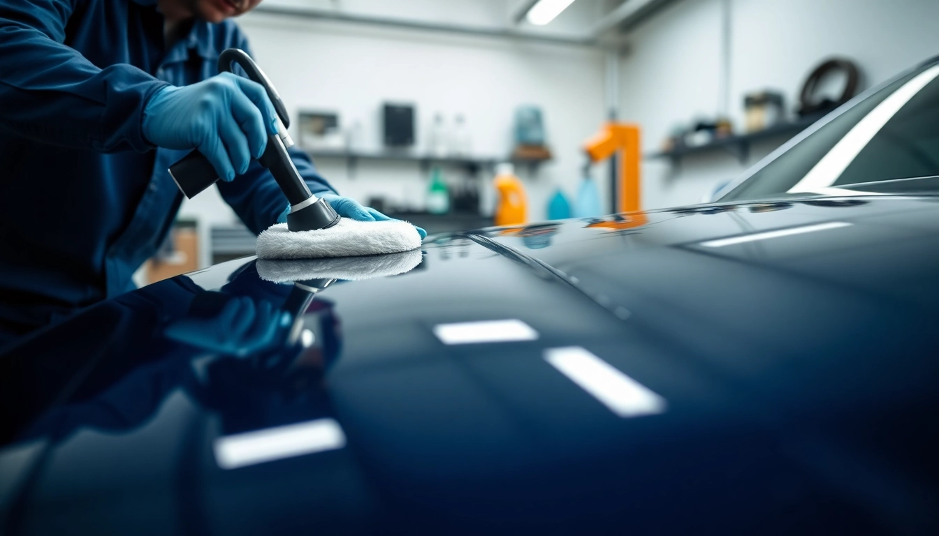 Car detailing near me with a professional detailer polishing a vehicle in a bright garage.