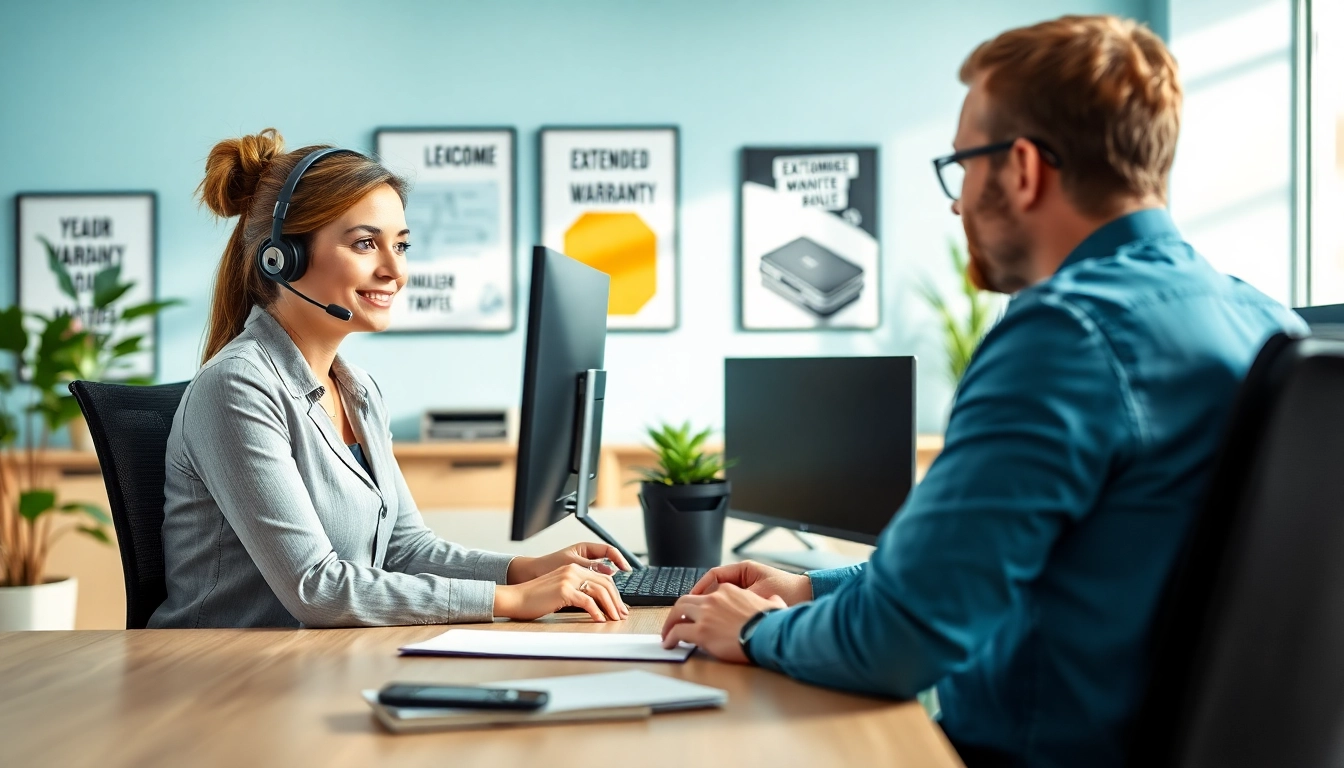 Promoting extended warranty solutions through professional customer service interactions in a modern office.