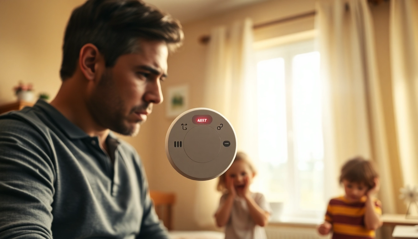 Carbon monoxide detector beeping alerting family members in their home environment.