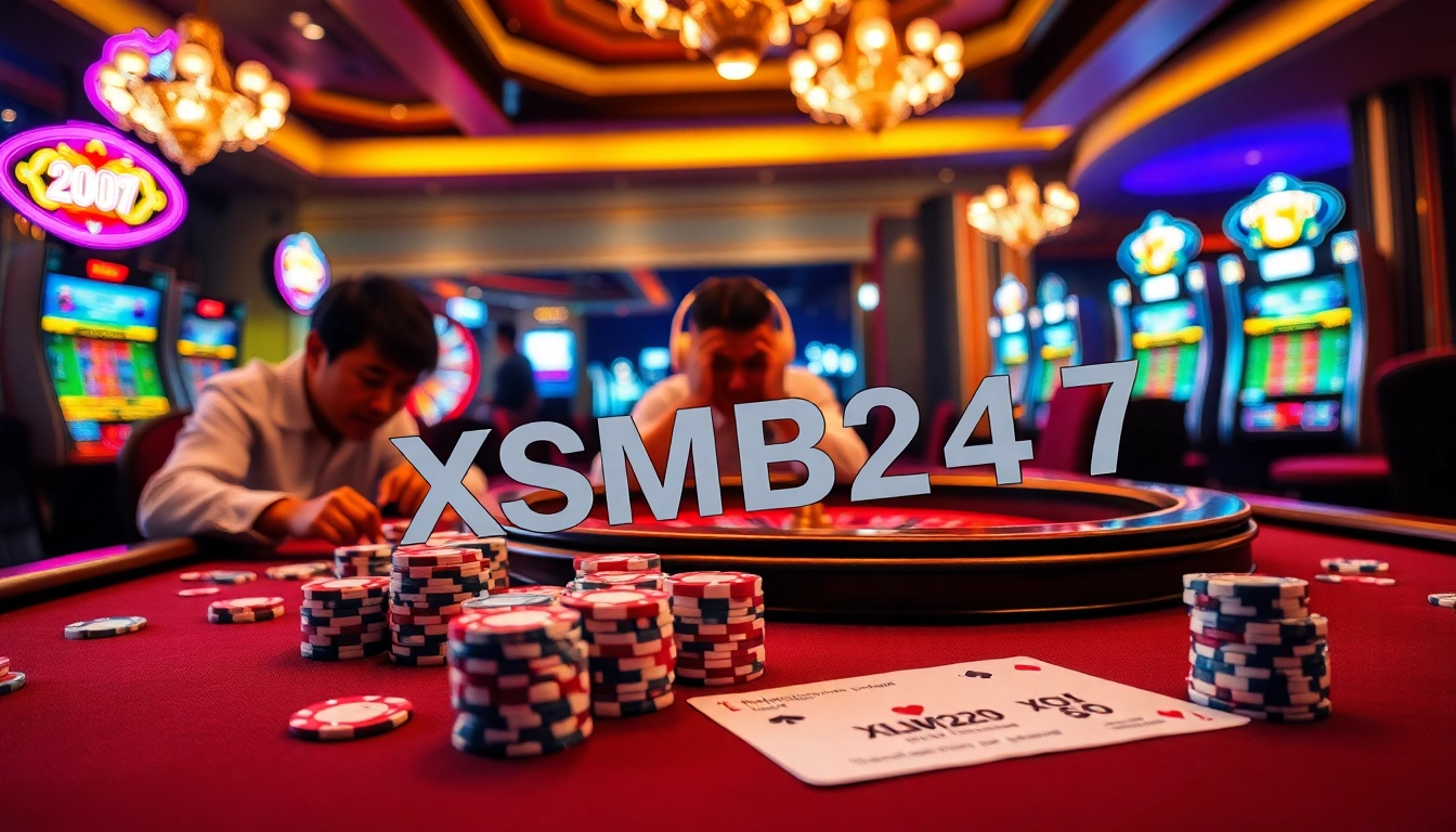 XSMB247 betting action at a vibrant casino poker table with chips and cards.