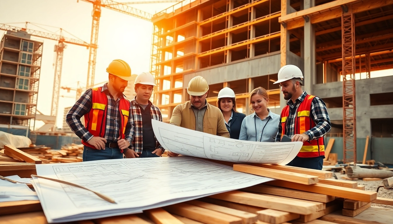 Collaborative construction member organization team analyzing blueprints on site.