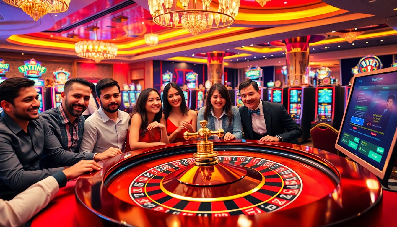 Players enjoying a thrilling roulette game at raja toto88 casino, showcasing excitement and luxury.