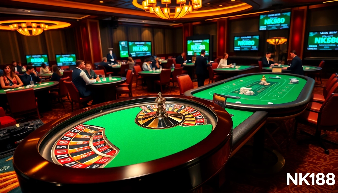 Enjoying a high-stakes game at NK88 casino with poker chips and cards on the table.