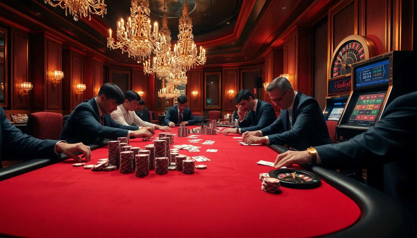 Shbet casino scene featuring intense poker gameplay with stacked chips and cards.