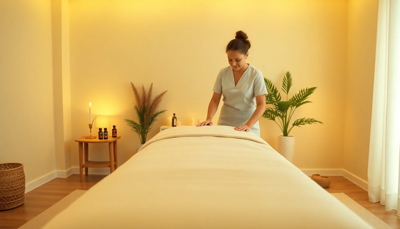 아늑한 마사지룸과 부드러운 조명, 에센셜 오일이 있는 편안한 오산출장마사지 장면