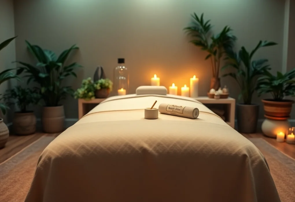 부드러운 조명과 자연 요소로 구성된 편안한 구미스웨디시 마사지 환경.