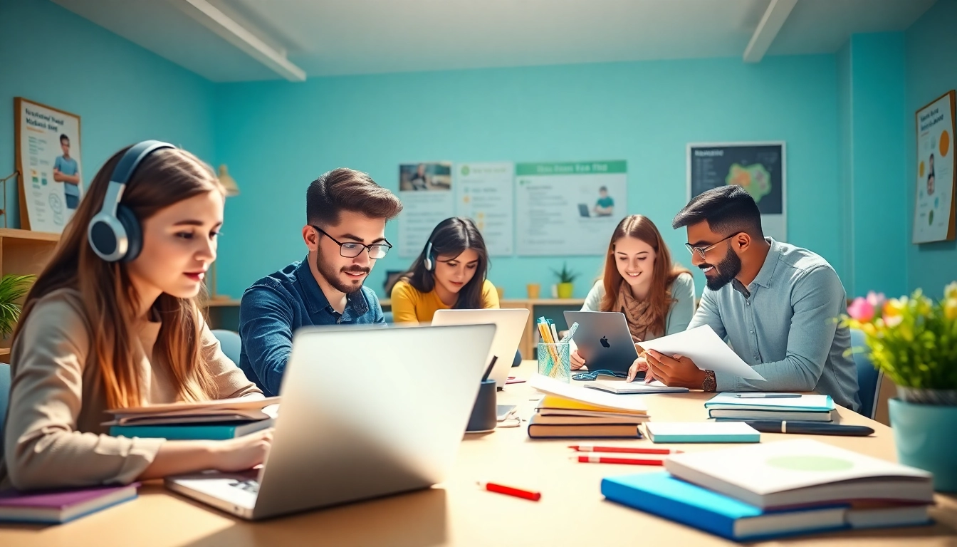 Students receiving remote exam help in a bright online learning environment, focused on laptops.