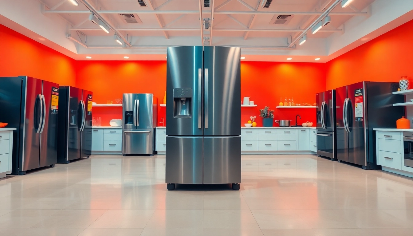 Showcasing premier refrigerator sales in a modern showroom setting with vibrant kitchen designs.