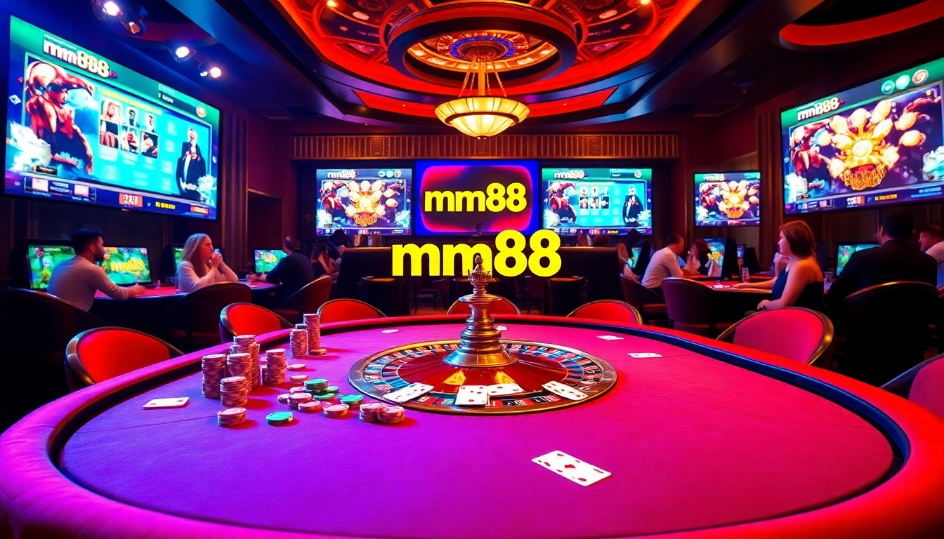 Experience the excitement of mm88 with players at a vibrant casino table surrounded by poker chips.