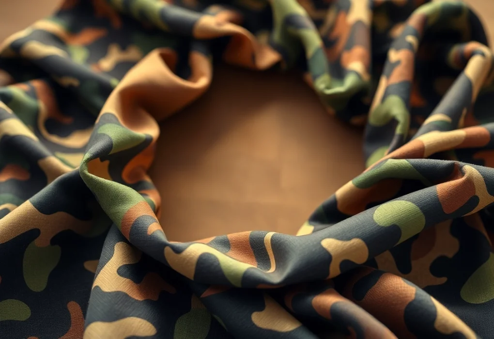 Bekijk camouflage print stoffen in verschillende texturen en kleuren op een elegante manier gepresenteerd.