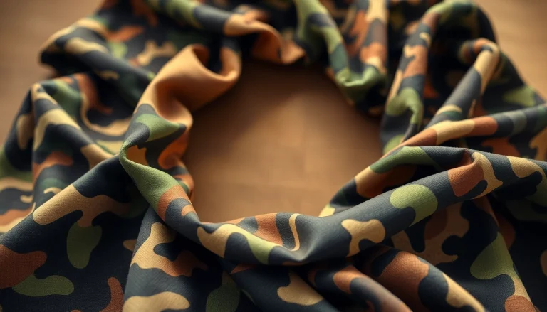 Bekijk camouflage print stoffen in verschillende texturen en kleuren op een elegante manier gepresenteerd.