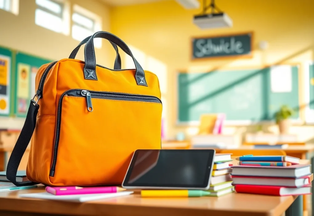 Handytasche Schule, stylish bag on a colorful school desk with stationery and digital devices.