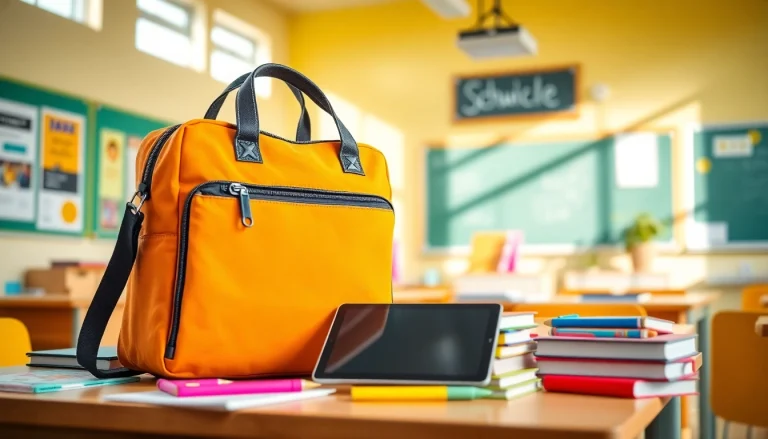 Handytasche Schule, stylish bag on a colorful school desk with stationery and digital devices.
