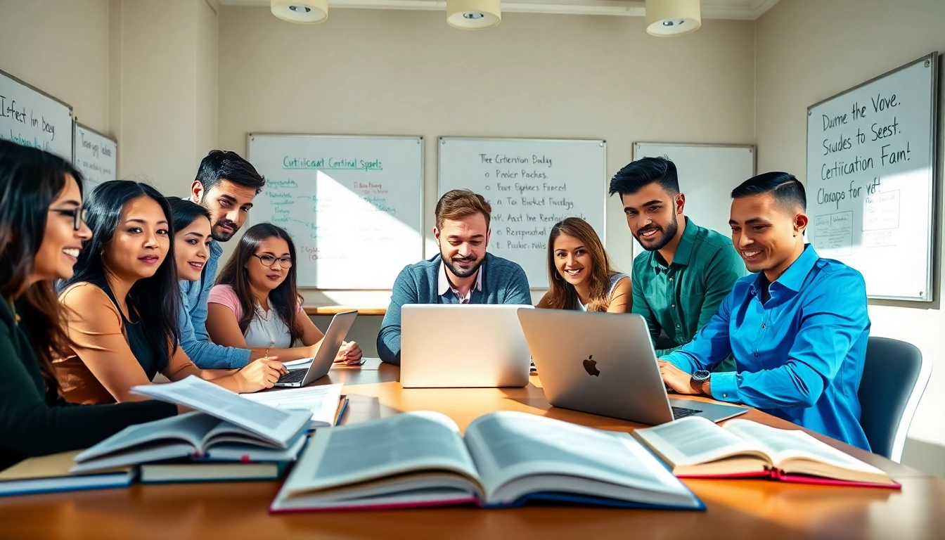 Engaged group working on certification exam support in a collaborative study space.