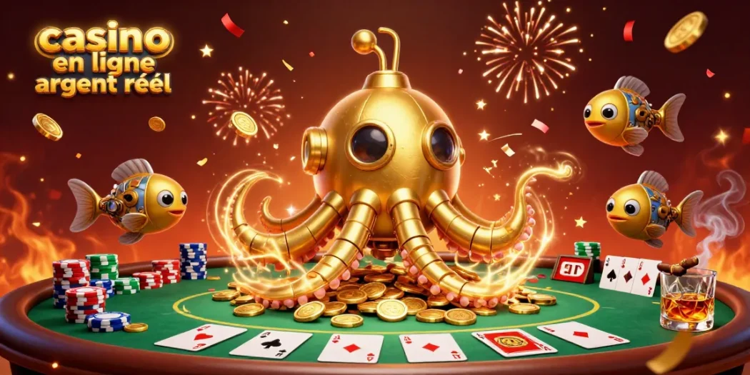 Jouer dans un casino en ligne argent réel entouré de créatures marines et de jetons de poker colorés.