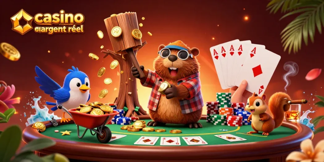Plongez dans l'univers du casino en ligne argent réel avec ce castor animé qui récolte des pièces d'or.