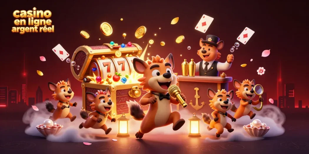 Animation de casino en ligne argent réel avec des hyènes en stand-up et jeux colorés.